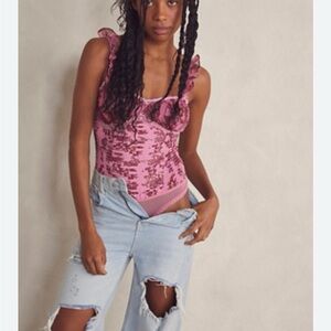 Free People Pink Smocked Floral One-Piece Bodysuit